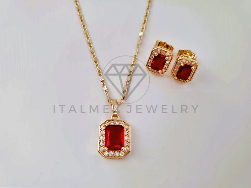 Juego de Lujo - 103946 - Diseño Rectangular con Circonia Roja Oro Laminado 18K