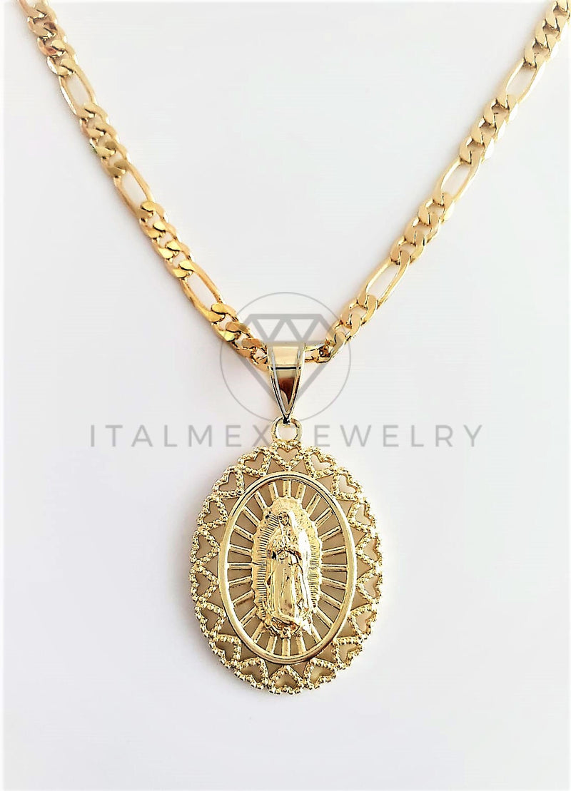 Dije Religioso - 102777 - Medalla de Virgen de Guadalupe con Bisel de Corazones Tamaño Mediano Oro Laminado 18K