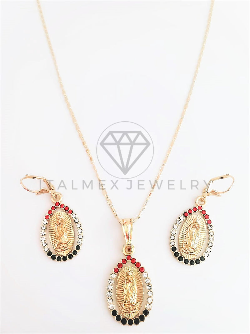 Juego de Lujo - 102939 - Diseño de Gota Virgen de Guadalupe CZ Tricolor Oro Laminado 18K