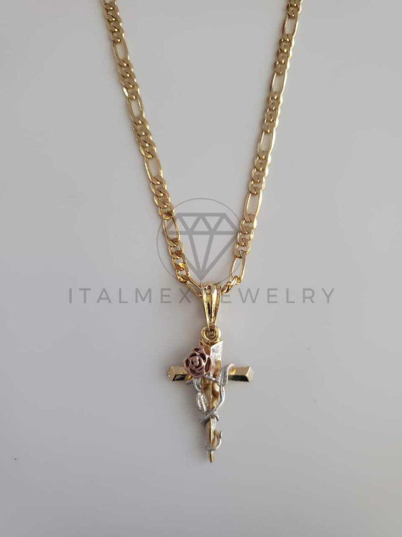 Dije Religioso - 102267 - Dije Cruz con Rosa 3 Oros Oro Laminado 18K