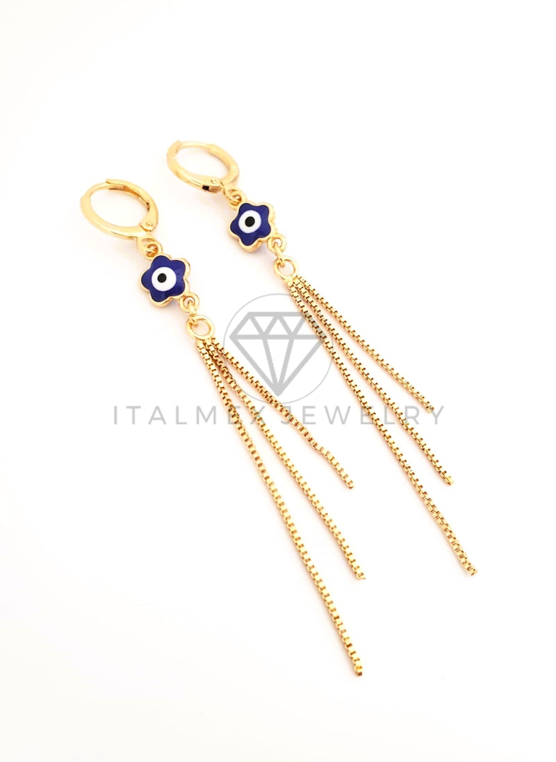 Arete de Lujo - 103522 - Diseño Ojo Turco Flor Azul y Tira Oro Laminado 18K