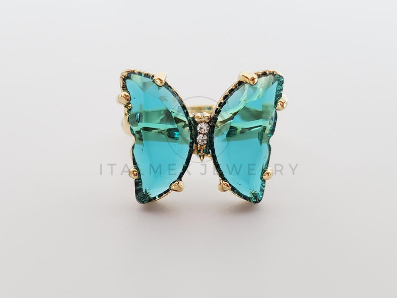 Anillo de Lujo - 101570 - Diseño Mariposa con CZ Azul Aqua Clara Oro Laminado 18K