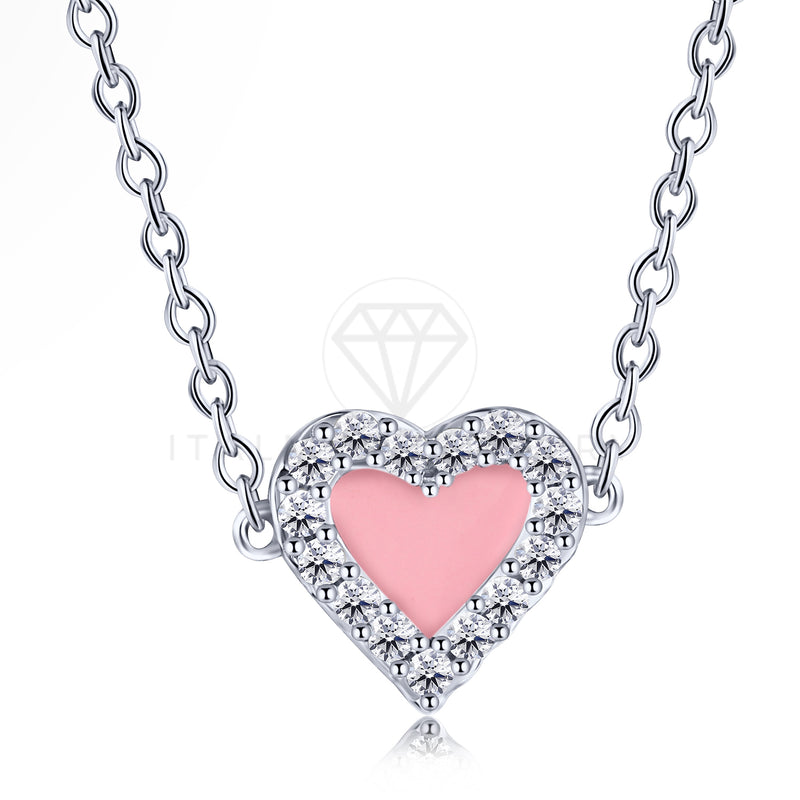 Collar de Lujo - 104122 - Estilo Corazón Esmalte Rosa Plata Fina .925