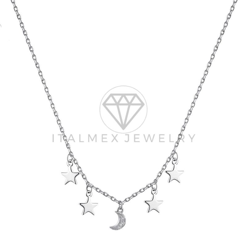 Collar de Lujo - 103624 - Estilo Estrellas y Luna Circonia Clara Plata Fina .925