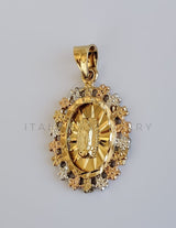 Dije Religioso - 100400 - Medalla de Virgen Diamantada con Bisel de Flores Tamaño Chico Oro Laminado 18K