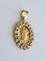 Dije Religioso - 100400 - Medalla de Virgen Diamantada con Bisel de Flores Tamaño Chico Oro Laminado 18K