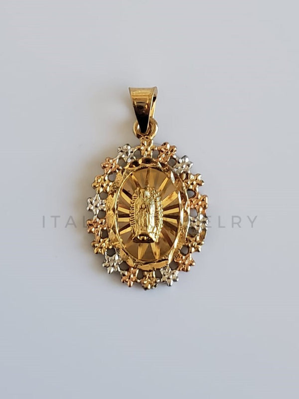 Dije Religioso - 100400 - Medalla de Virgen Diamantada con Bisel de Flores Tamaño Chico Oro Laminado 18K