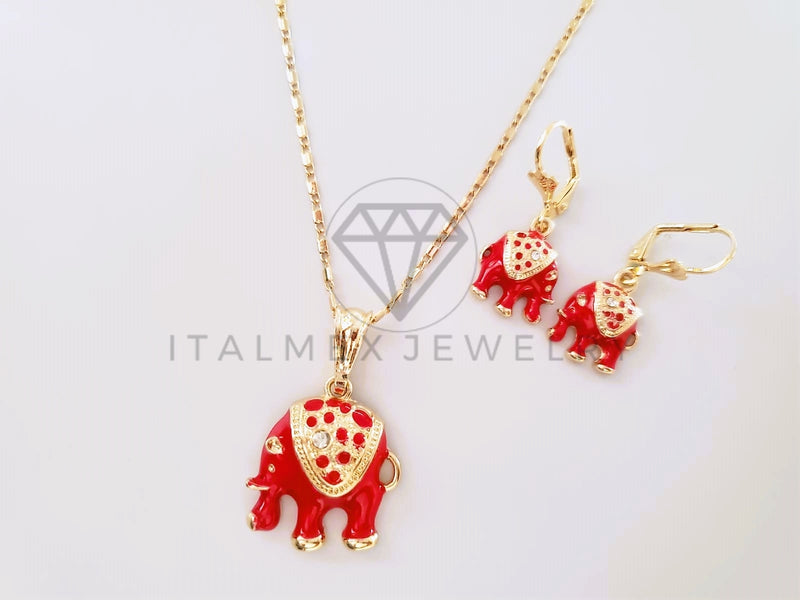Juego de Lujo - 103951 - Diseño Elefante Rojo con Circonia Oro Laminado 18K