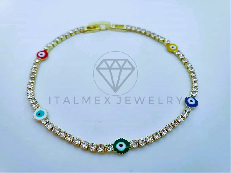 Pulsera Elegante - 103572 - Pulsera Tira CZ Clara y Ojo Turco Color Oro Laminado 18K