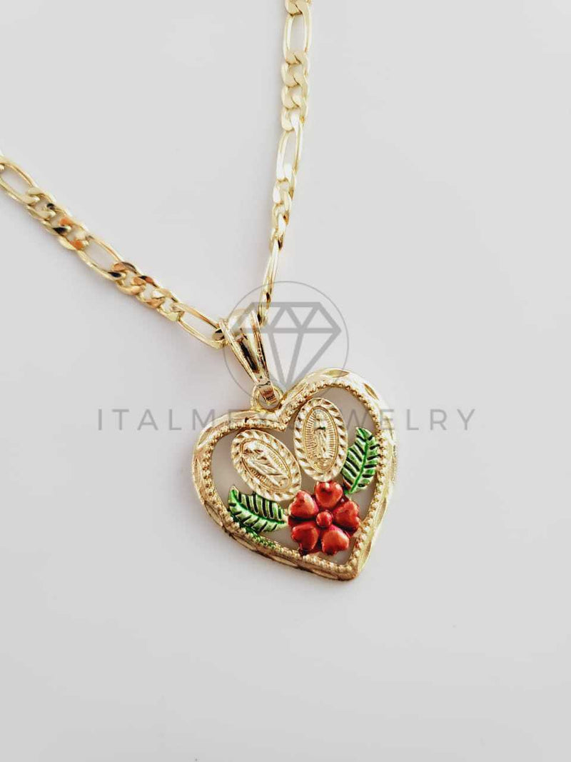 Dije Elegante - 102367 - Corazón Virgen y San Judas con Flor Tamaño Mediana Oro Laminado 18K