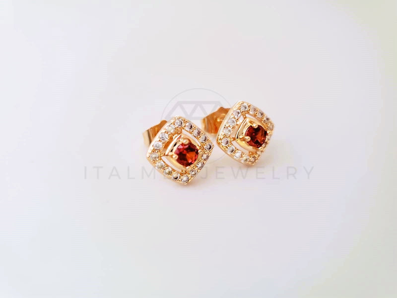 Broquel de Lujo - 104069 - Diseño Cuadrado CZ Roja Oro Laminado 18K