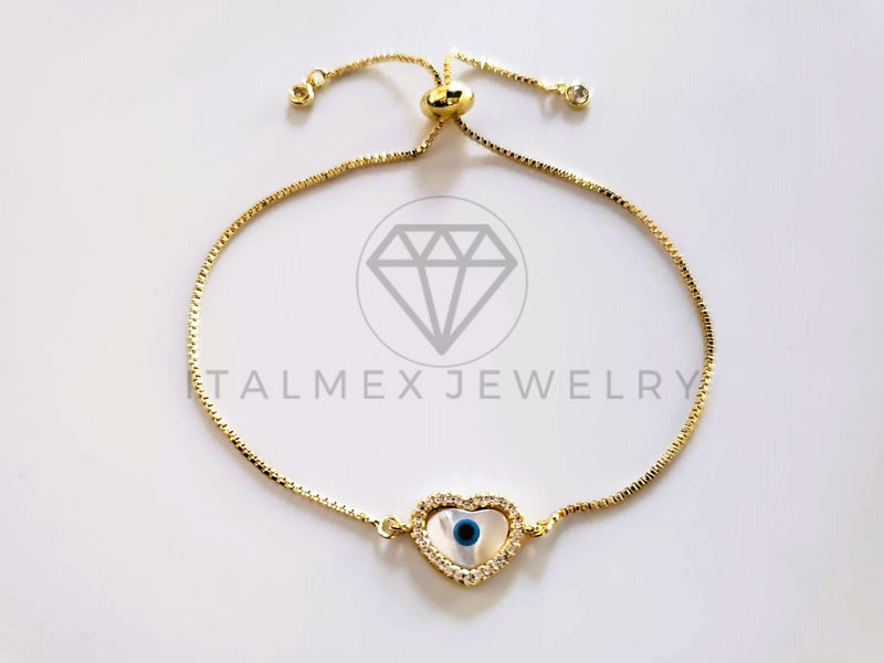 Pulsera de Lujo - 103732 - Diseño Ajustable Ojo Turco Perla Corazón CZ Claro Oro Laminado 18K