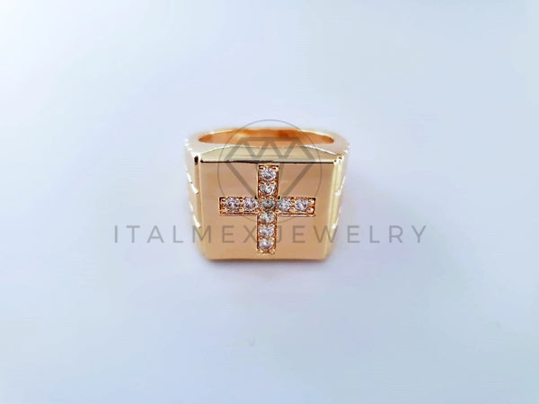Anillo Caballero de Lujo - 103932 - Diseño Cristo y Cruz CZ Clara Oro Laminado 18K