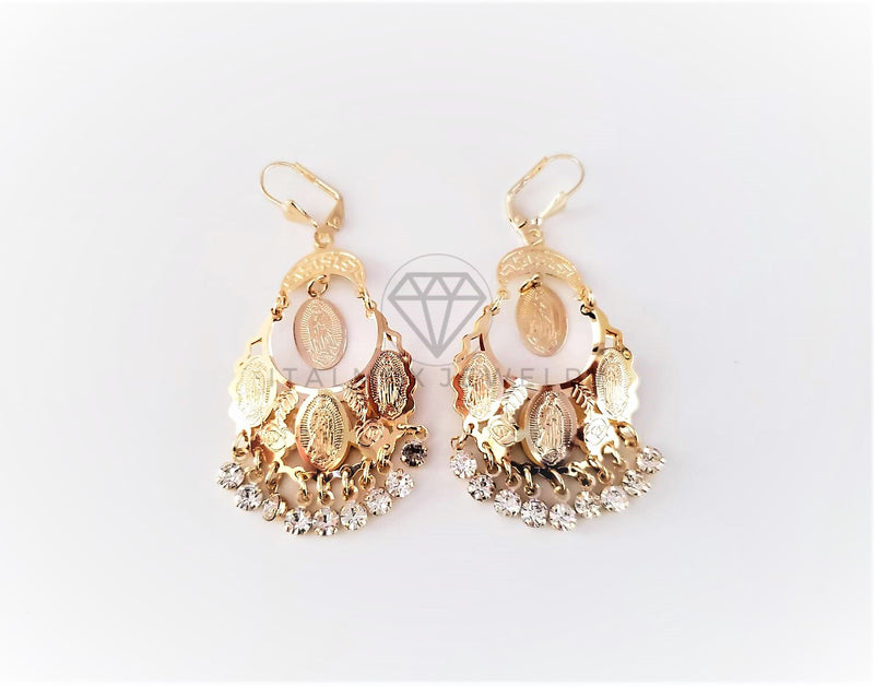 Arete de Lujo - 103093 - Arete Largo Filigrana con Virgen CZ Clara Oro Laminado 18K