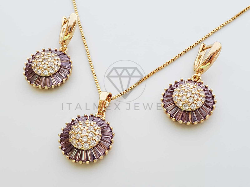 Juego de Lujo - 100639 - Diseño de CZ Baguette Color Morada Oro Laminado 18K