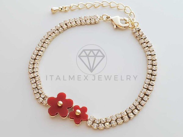 Pulsera de Lujo - 101797 - Diseño de Flor Roja y Tira CZ Clara Oro Laminado 18K