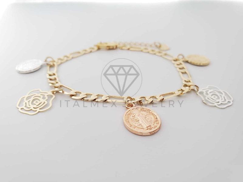 Pulsera Elegante - 100152 - Diseño de San Benito con Rosas de 3 Colores Oro Laminado 18K