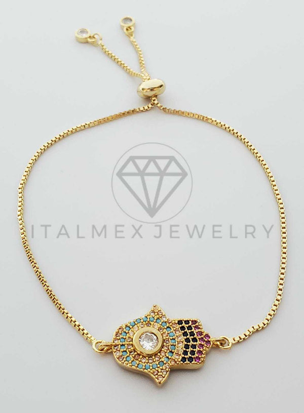 Pulsera Ajustable - 100348 - Diseño de Mano Hamsa CZ Colores Oro Laminado 18K