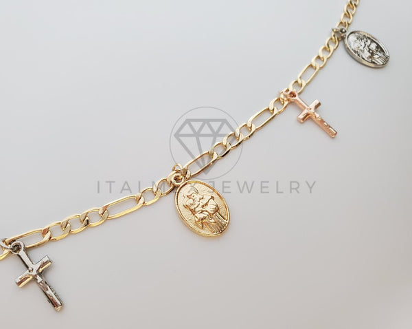 Tobillera Ajustable - 100131 - Diseño de Cristo y Medalla Virgen Oro Laminado 18K