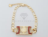 Esclava Elegante - 100247 - Diseño Placa San Benito CZ Roja Oro Laminado 18K