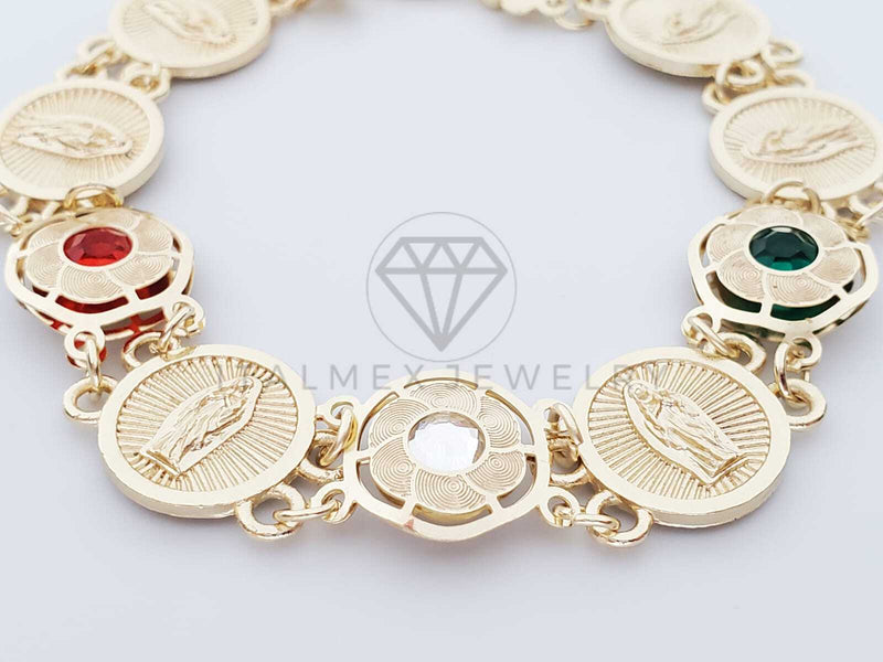 Pulsera de Lujo - 100242 - Diseño de Moneda de la Virgen de Guadalupe Con CZ Biselada Tricolor Oro Laminado 18K