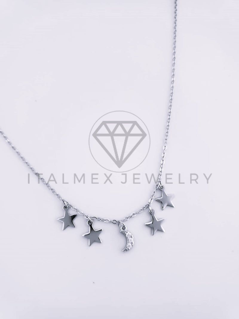 Collar de Lujo - 103624 - Estilo Estrellas y Luna Circonia Clara Plata Fina .925