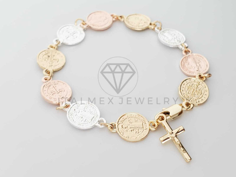 Pulsera de Lujo - 100189 - Diseño de Moneda de San Benito con Cristo 3 Tonos Oro Laminado 18K