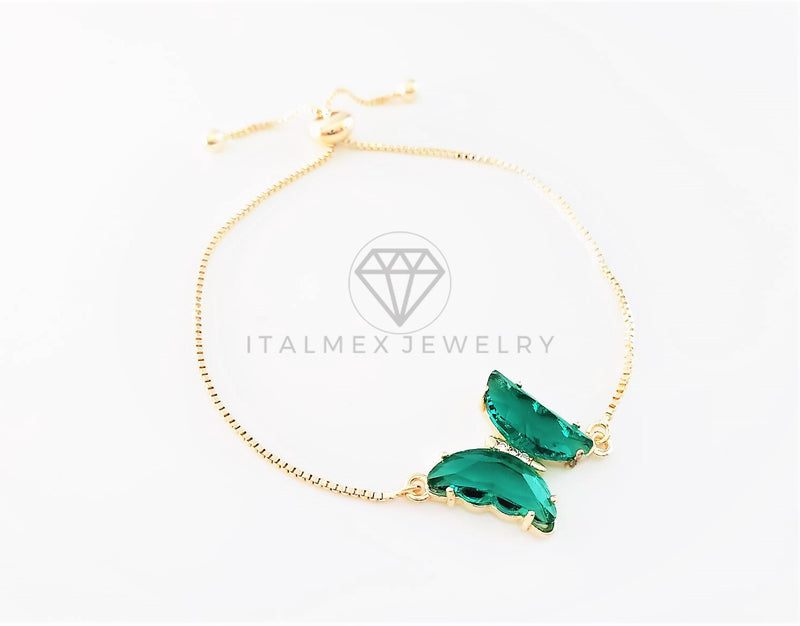 Pulsera de Lujo - 103201 - Diseño Ajustable con Mariposa CZ Verde Aqua Oro Laminado 18K