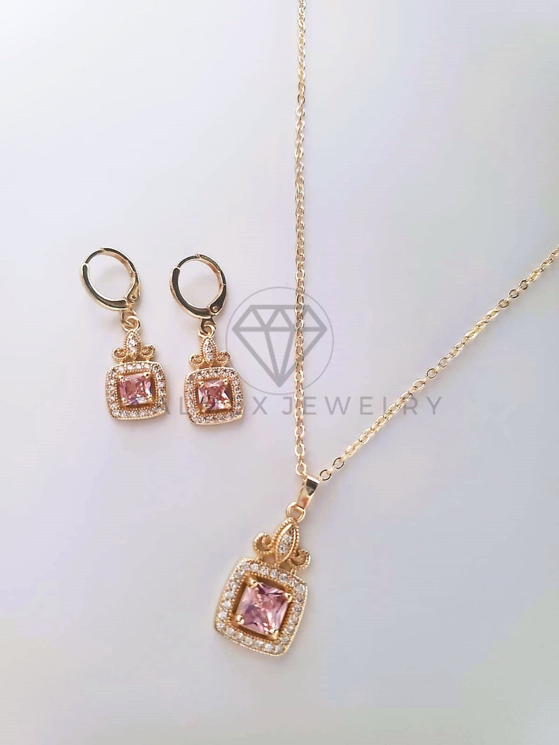Juego de Lujo - 103796 - Diseño Cuadro Biselado CZ Rosa Oro Laminado 18K