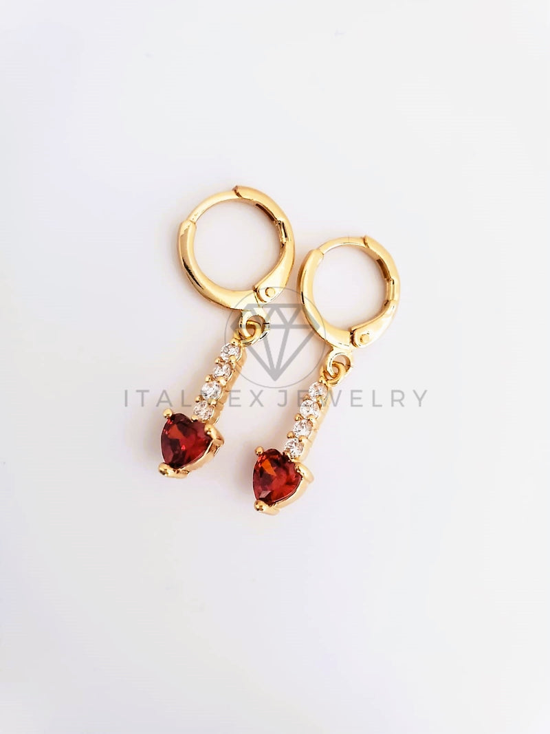 Arete de Lujo - 103518 - Diseño Tira y Corazon CZ Roja Oro Laminado 18K