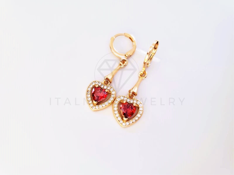 Arete de Lujo - 104033 - Estilo Corazón CZ Roja Oro Laminado 18K