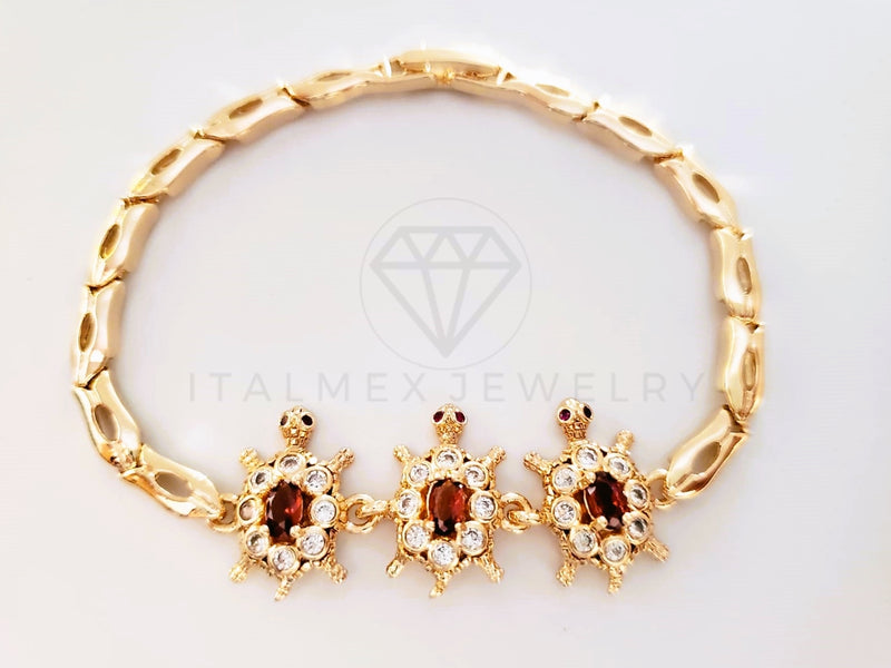 Pulsera Elegante - 103976 - Pulsera 3 Tortugas CZ Roja y Clara Oro Laminado 18K