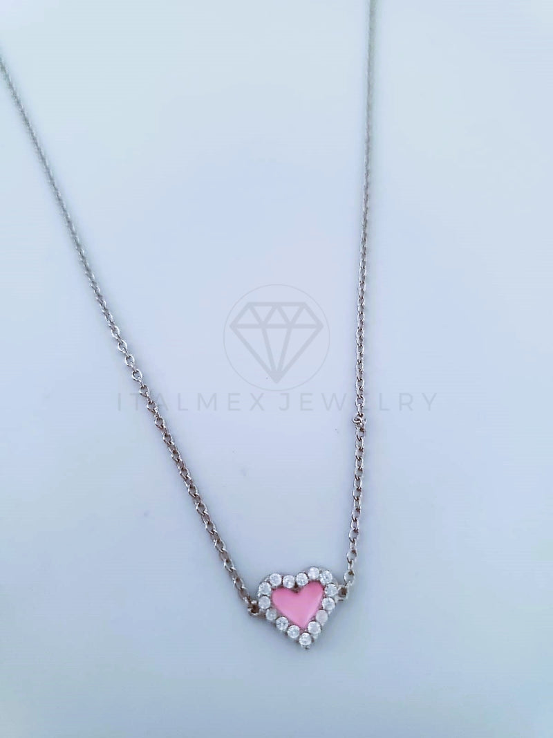 Collar de Lujo - 104122 - Estilo Corazón Esmalte Rosa Plata Fina .925