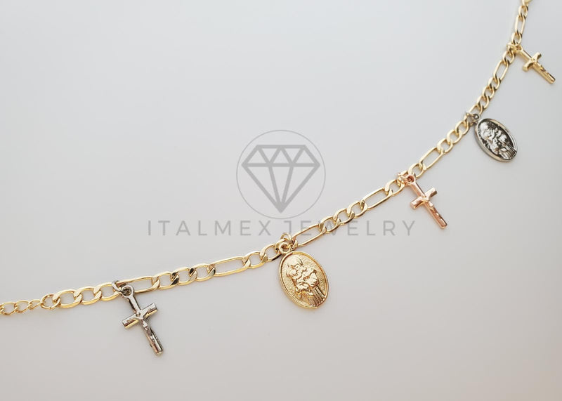 Tobillera Ajustable - 100131 - Diseño de Cristo y Medalla Virgen Oro Laminado 18K