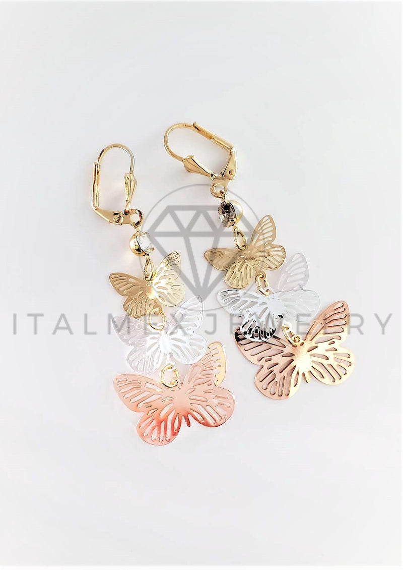 Arete de Lujo - 103010 - Arete Largo de Mariposas 3 Tonos Oro Laminado 18K