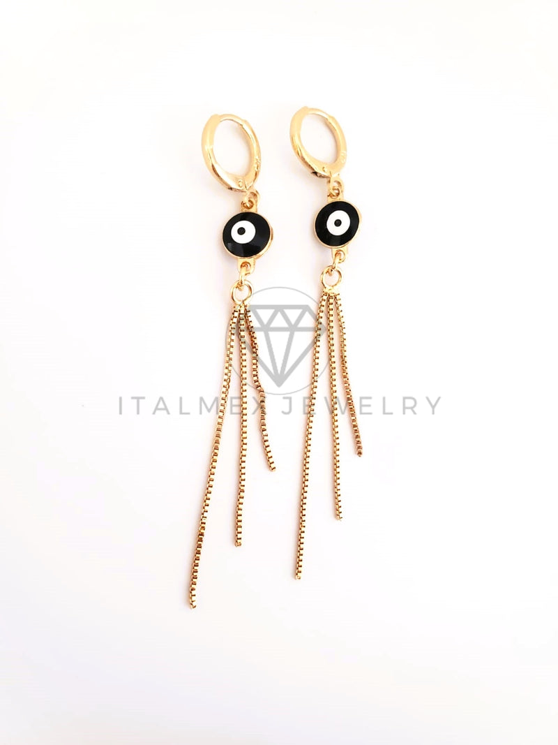 Arete de Lujo - 103520 - Diseño Ojo Turco Negro y Tira Oro Laminado 18K