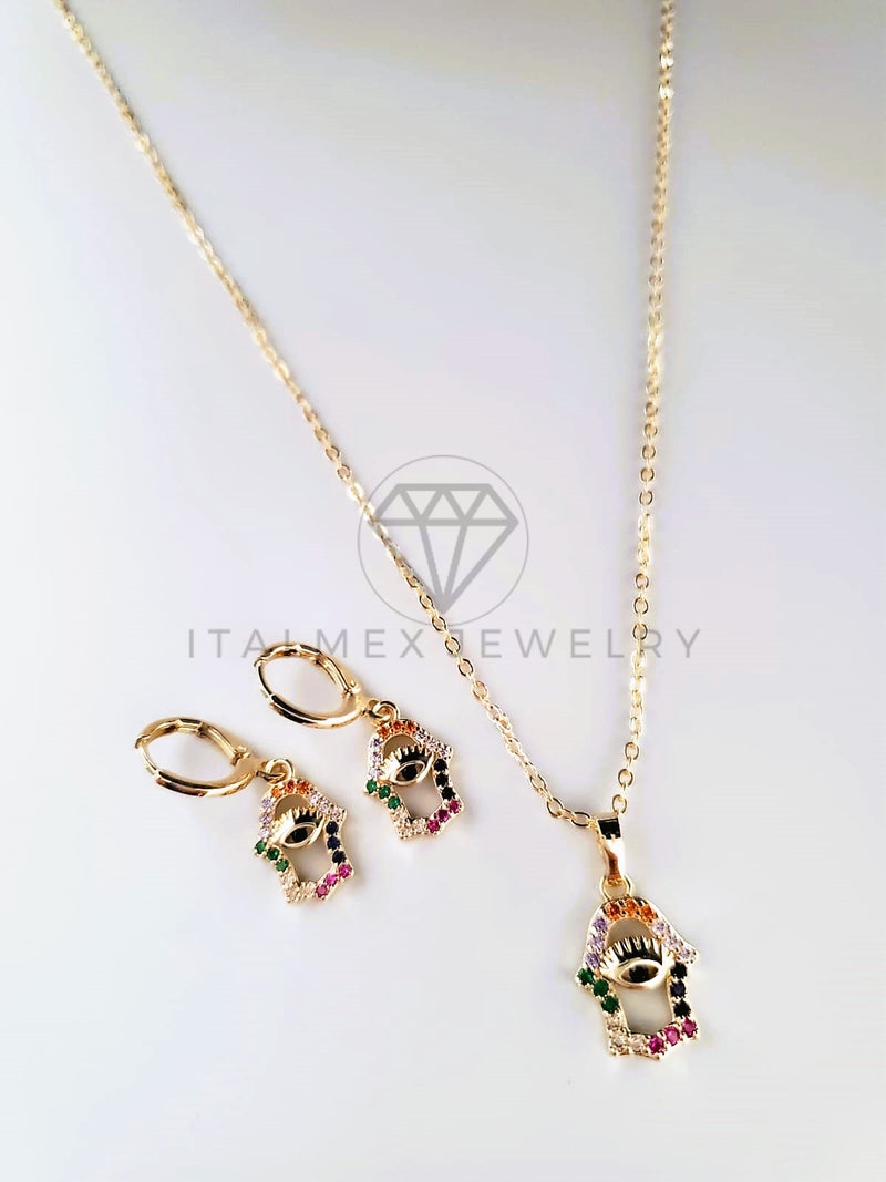 Juego de Lujo - 103822 - Diseño Mano Hamsa y Ojo Turco CZ Color Oro Laminado 18K