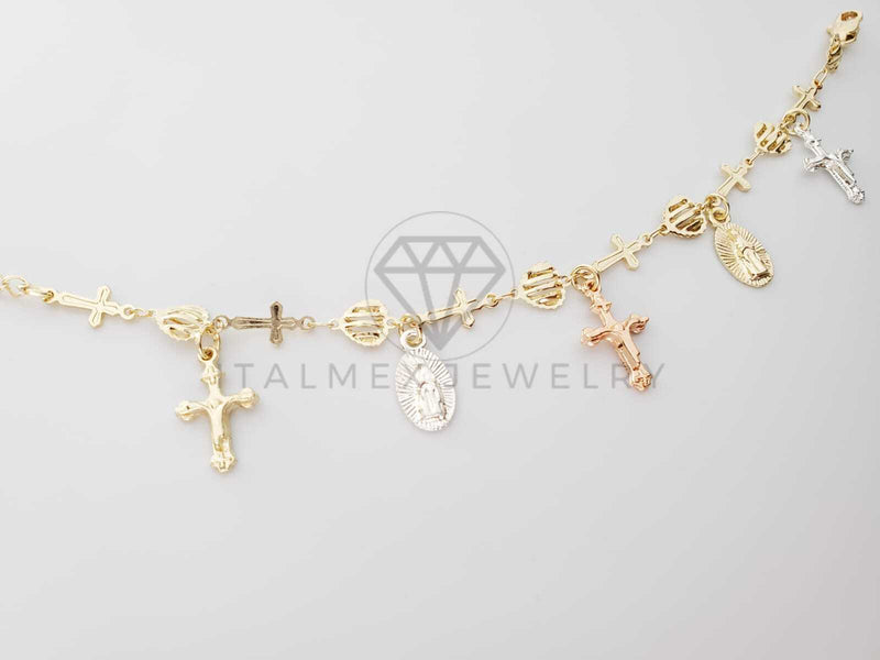 Pulsera Elegante - 100235 - Diseño de Corazón con Cruz y Virgen 3 Tonos Oro Laminado 18K