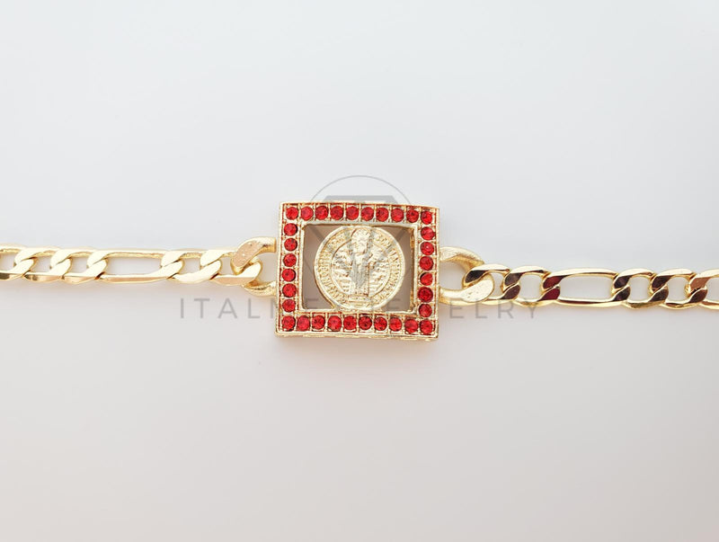 Esclava Elegante - 100244 - Diseño Placa San Benito CZ Roja Oro Laminado 18K
