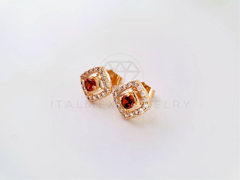Broquel de Lujo - 104069 - Diseño Cuadrado CZ Roja Oro Laminado 18K