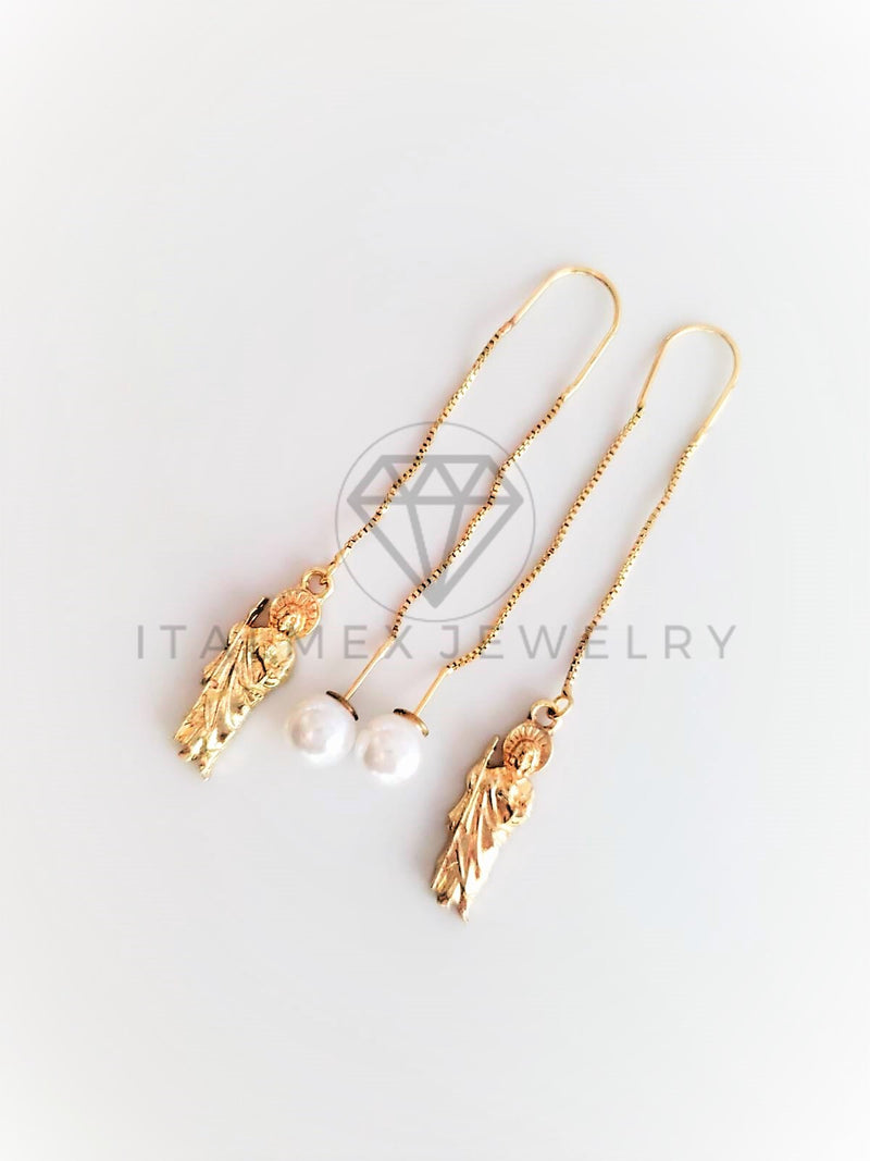 Arete de Lujo - 102822 - Violador con Perla y Dije San Judas Oro Laminado 18K