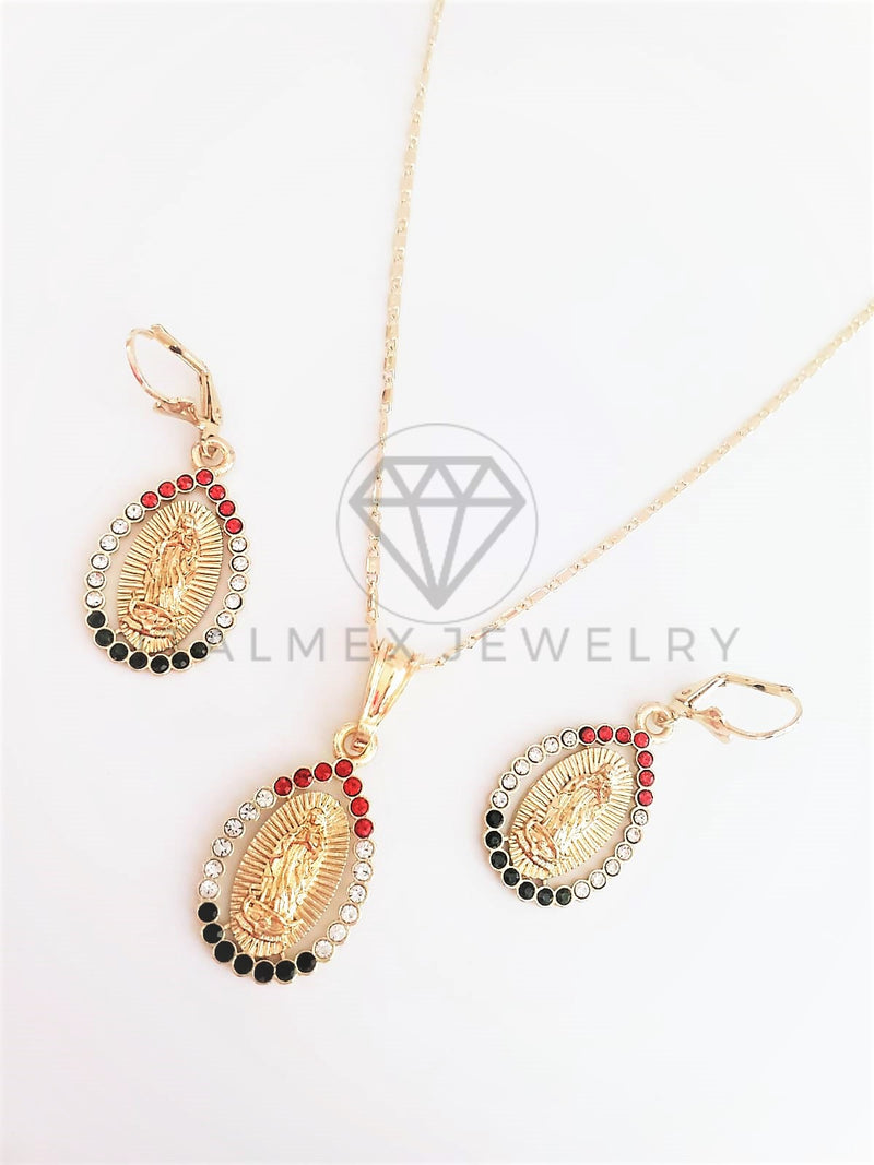 Juego de Lujo - 102939 - Diseño de Gota Virgen de Guadalupe CZ Tricolor Oro Laminado 18K