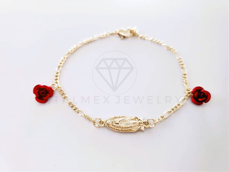 Pulsera Elegante - 103995 - Pulsera Virgen de Guadalupe y Rosas Rojas Oro Laminado 18K