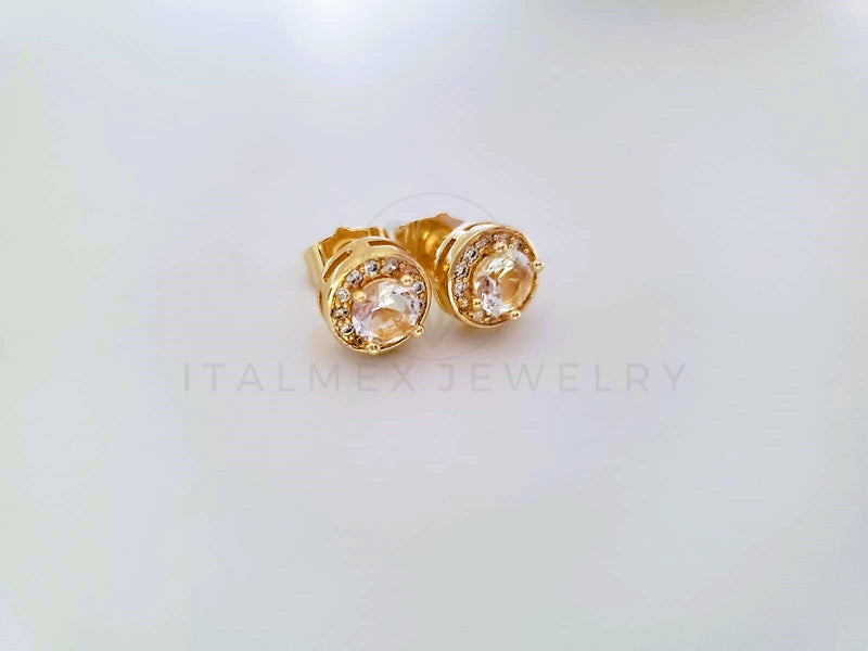 Broquel de Lujo - 104054 - Diseño Biselado CZ Redonda Clara Oro Laminado 18K