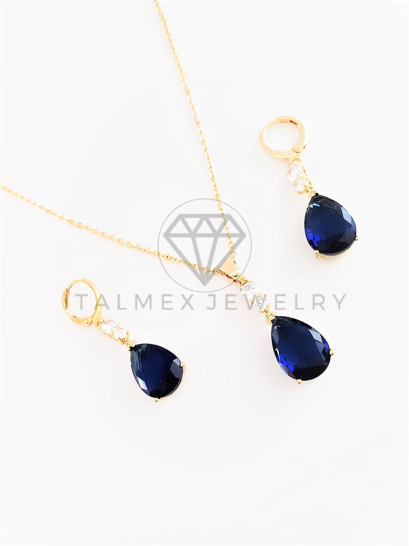 Juego de Lujo - 102921 - Diseño de Gota CZ Azul Oro Laminado 18K