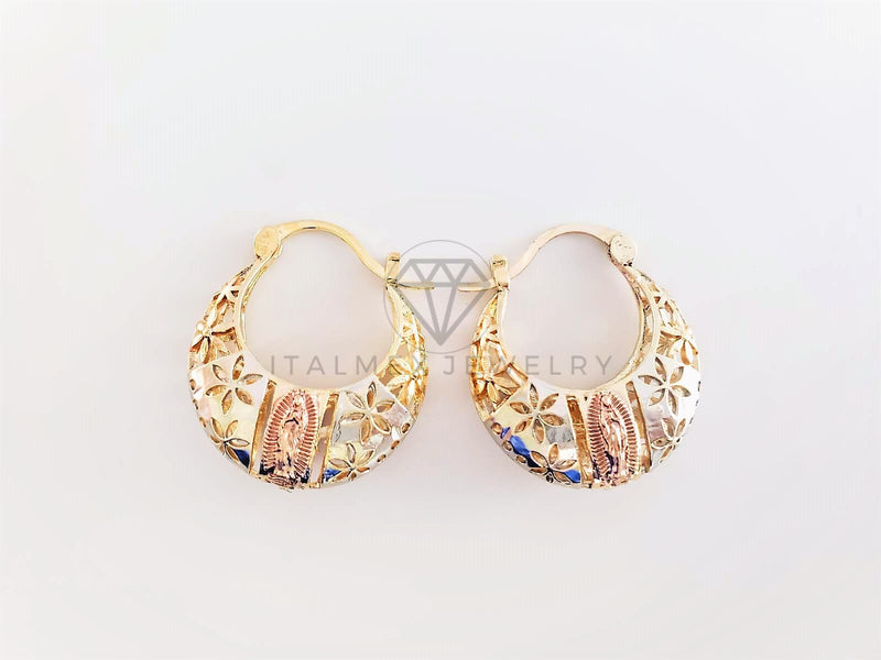 Arete Elegante - 102890 - Estilo Canasta Virgen de Guadalupe y Flores Oro Laminado 18K