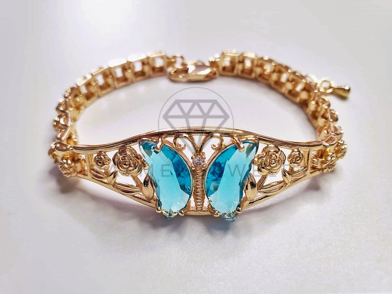 Pulsera de Lujo - 103704 - Diseño de Mariposa CZ Azul Aqua Oro Laminado 18K