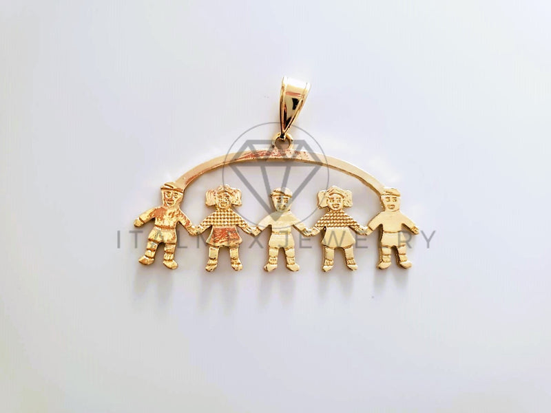 Dije Elegante - 104341 - Dije 2 Niñas y 3 Niños Tamaño Chico Oro Laminado 18K