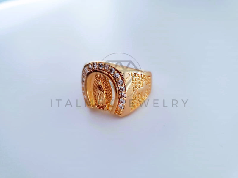 Anillo Caballero de Lujo - 103930 - Diseño Herradura y Virgen CZ Clara Oro Laminado 18K