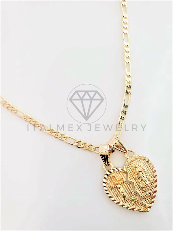 Dije Elegante - 102783 - Dije Corazón Partido Virgen y Cristo Dorado Oro Laminado 18K